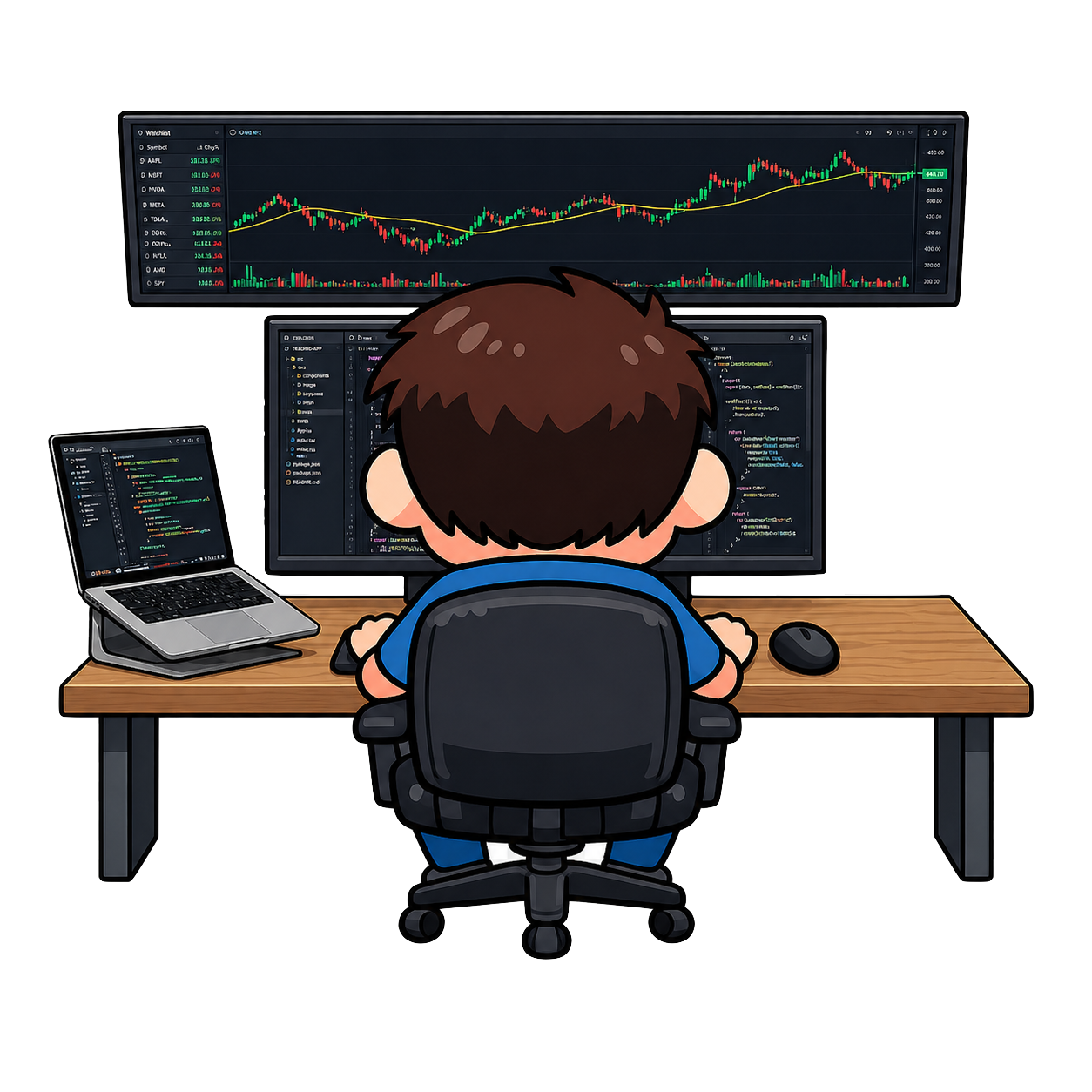 Illustration of the swootilabs founder working at a desk with trading charts and code across multiple screens.